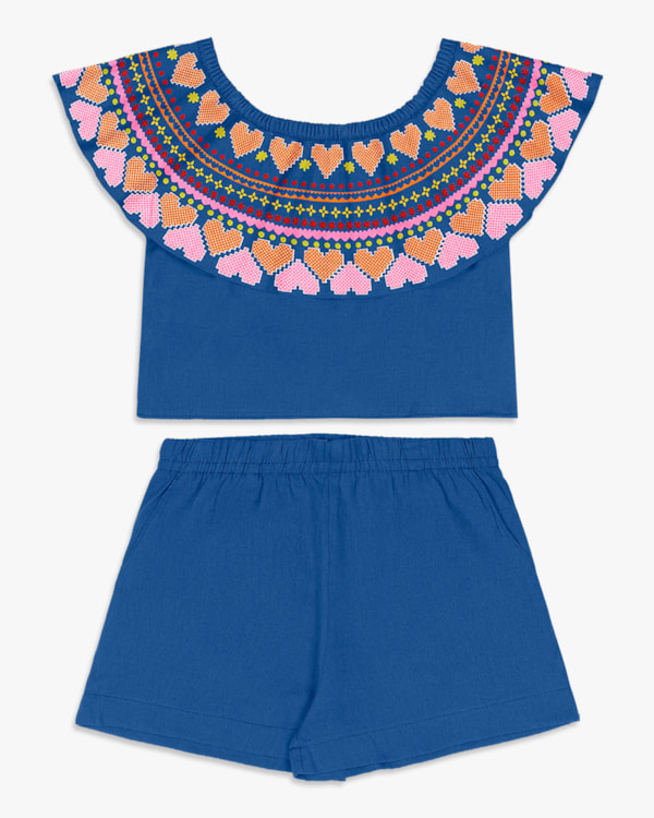 Conjunto Infantil Menina em Viscose Linho com Estampa - Kely Kety - Royal