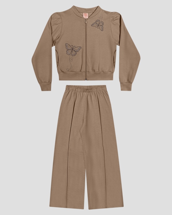 Conjunto Infantil Menina Jaqueta e Calça em Moletom - Kely Kety - Marrom