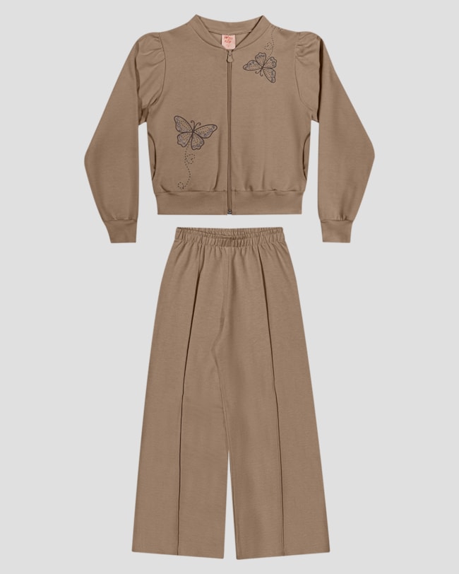 Conjunto Infantil Menina Jaqueta e Calça em Moletom - Kely Kety - Marrom-c31d3559-4d18-4116-9cc2-f245eff46264