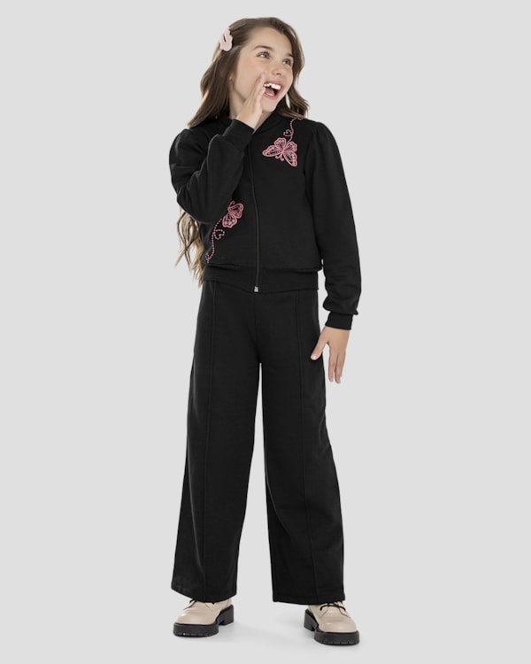 Conjunto Infantil Menina Jaqueta e Calça em Moletom - Kely Kety - Preto