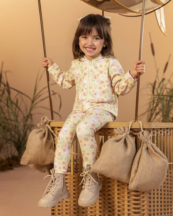 Conjunto Infantil Menina Jaqueta  e Calça Estampada - Kely Kety - Amarelo