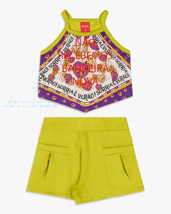 Conjunto Infantil Menina Regata com Estampa e Shorts - Kely Kety - Aspargo