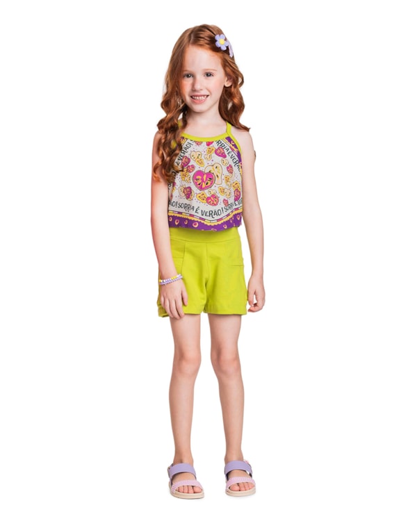 Conjunto Infantil Menina Regata com Estampa e Shorts - Kely Kety - Aspargo
