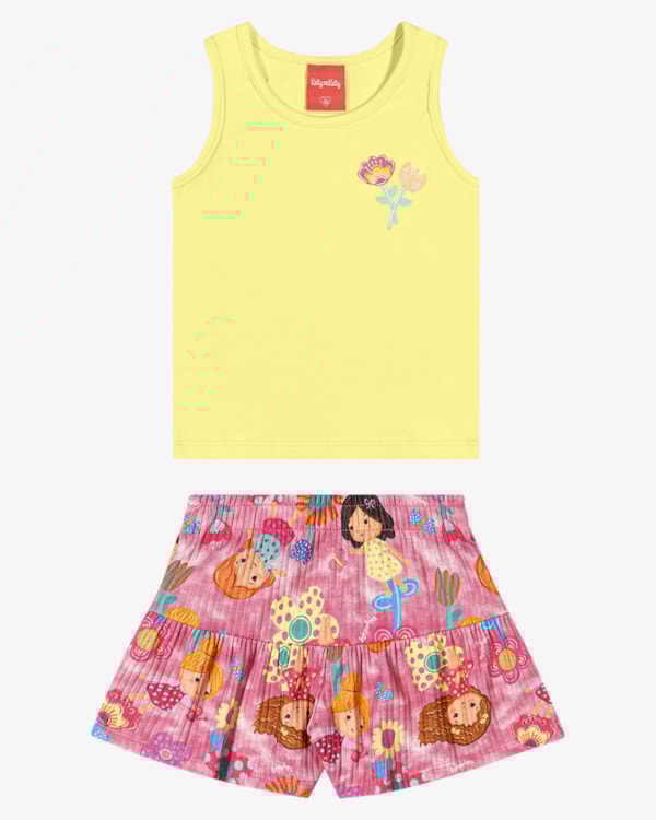 Conjunto Infantil Menina Regata e Shorts Estampado - Kely Kety - Amarelo