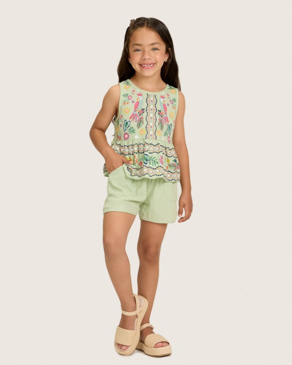 Conjunto Infantil Menina Regata Estampa e Shorts - Kely Kety - Mint