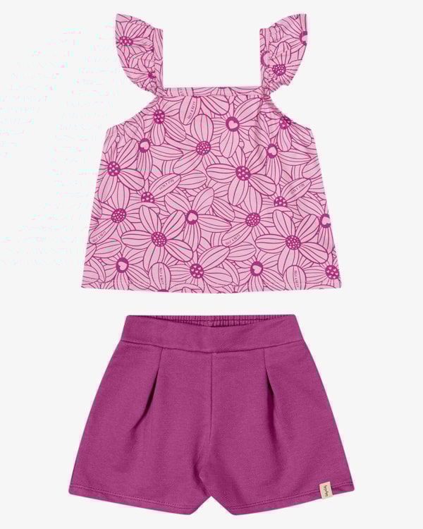 Conjunto Infantil Menina Regata Estampada e Shorts - Kely Kety - Rosa