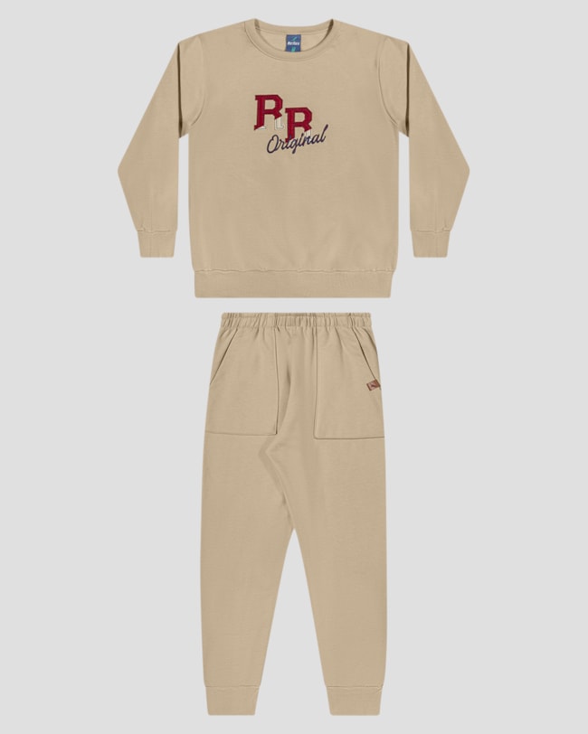 Conjunto Infantil Menino Blusão Bordado e Calça - ReiRex - Bege-a6443567-ce00-427b-829a-18b18faa023a
