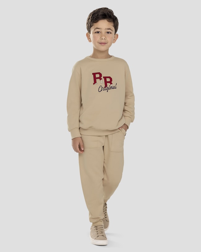 Conjunto Infantil Menino Blusão Bordado e Calça - ReiRex - Bege-4d70bf9b-2131-4b18-9496-48c0e743241d