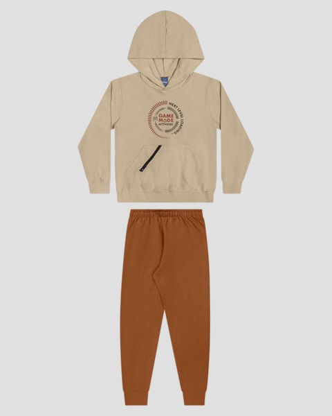 Conjunto Infantil Menino Blusão com Bolso Zíper e Calça - ReiRex - Bege