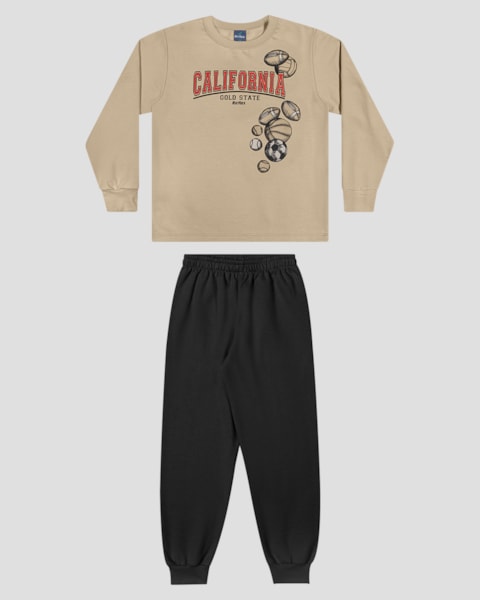 Conjunto Infantil Menino Blusão com Estampa e Calça - ReiRex - Bege
