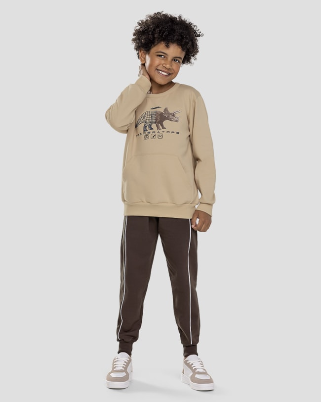 Conjunto Infantil Menino Blusão Dino e Calça - ReiRex - Bege-68908078-378e-4952-b928-7ea8bf967ab4