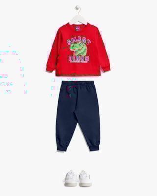 Conjunto Infantil Menino Blusão e Calça Amigo Dino - ReiRex - Vermelho-01