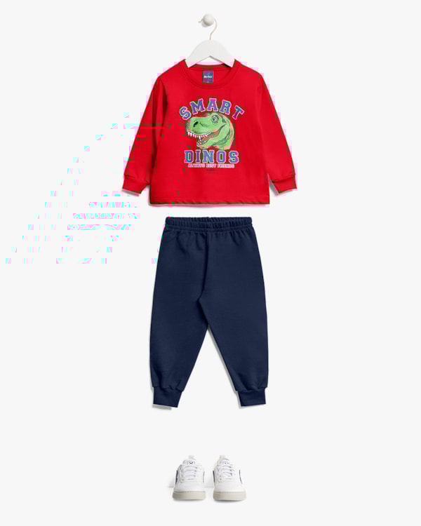 Conjunto Infantil Menino Blusão e Calça Amigo Dino - ReiRex - Vermelho