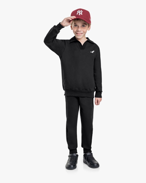 Conjunto Infantil Menino Blusão e Calça em Moletom Sarjado - ReiRex - Preto