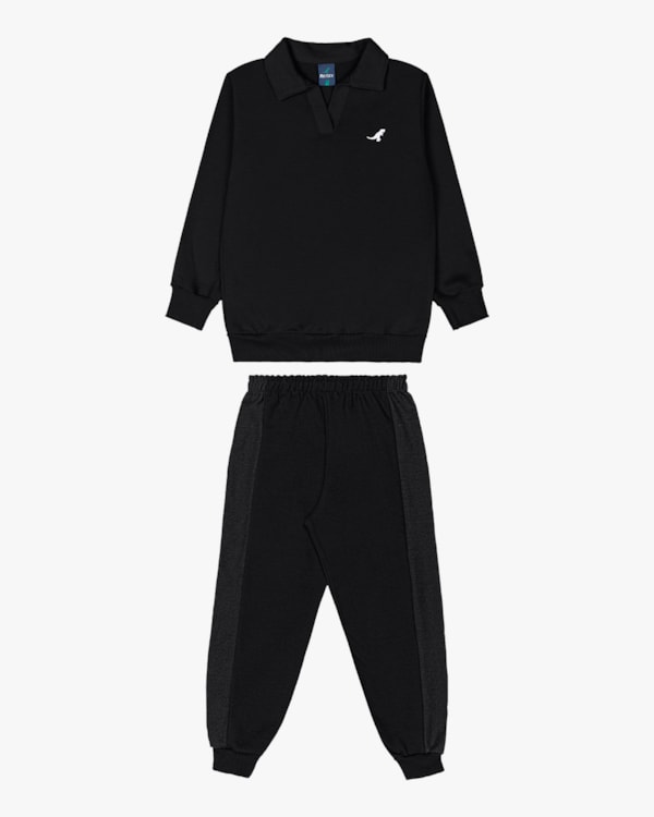 Conjunto Infantil Menino Blusão e Calça em Moletom Sarjado - ReiRex - Preto