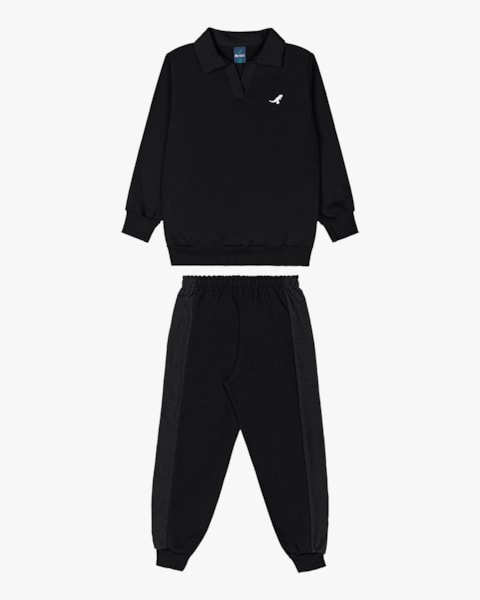 Conjunto Infantil Menino Blusão e Calça em Moletom Sarjado - ReiRex - Preto