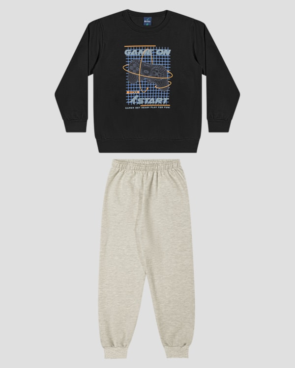 Conjunto Infantil Menino Blusão Estampa Game e Calça - ReiRex - Preto