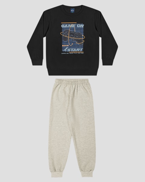 Conjunto Infantil Menino Blusão Estampa Game e Calça - ReiRex - Preto