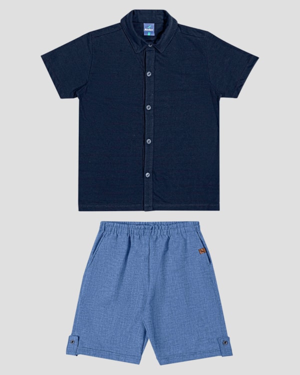 Conjunto Infantil Menino Camisa e Bermuda em Linho ReiRex Azul