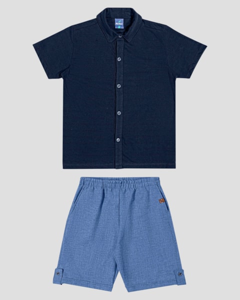 Conjunto Infantil Menino Camisa e Bermuda em Linho ReiRex Azul