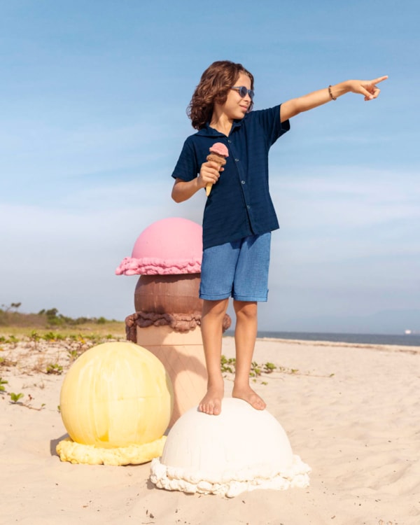 Conjunto Infantil Menino Camisa e Bermuda em Linho ReiRex Azul