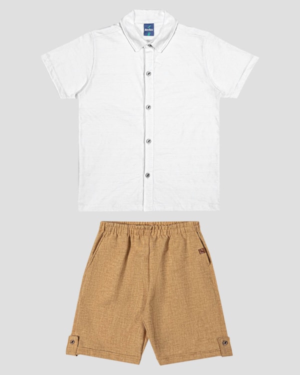 Conjunto Infantil Menino Camisa e Bermuda em Linho ReiRex Branco