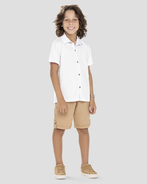 Conjunto Infantil Menino Camisa e Bermuda em Linho ReiRex Branco