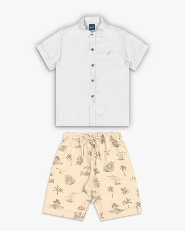 Conjunto Infantil Menino Camisa e Bermuda Estampada - ReiRex - Branco