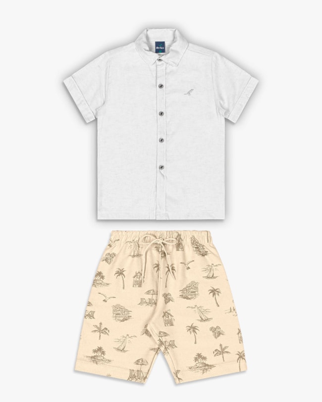 Conjunto Infantil Menino Camisa e Bermuda Estampada - ReiRex - Branco-44c073f1-b625-4646-a13b-9e594b2b088e