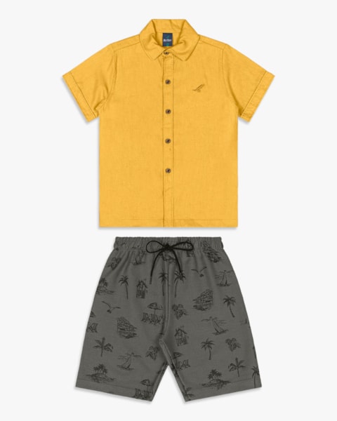 Conjunto Infantil Menino Camisa e Bermuda Estampada - ReiRex - Mostarda
