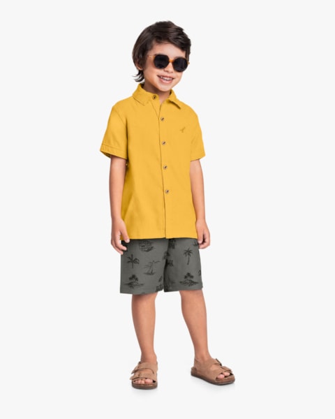 Conjunto Infantil Menino Camisa e Bermuda Estampada - ReiRex - Mostarda