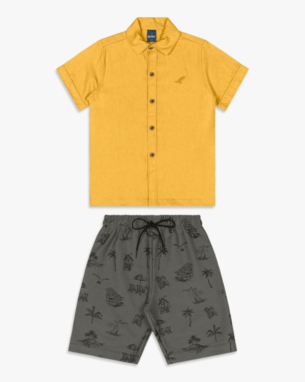 Conjunto Infantil Menino Camisa e Bermuda Estampada - ReiRex - Mostarda