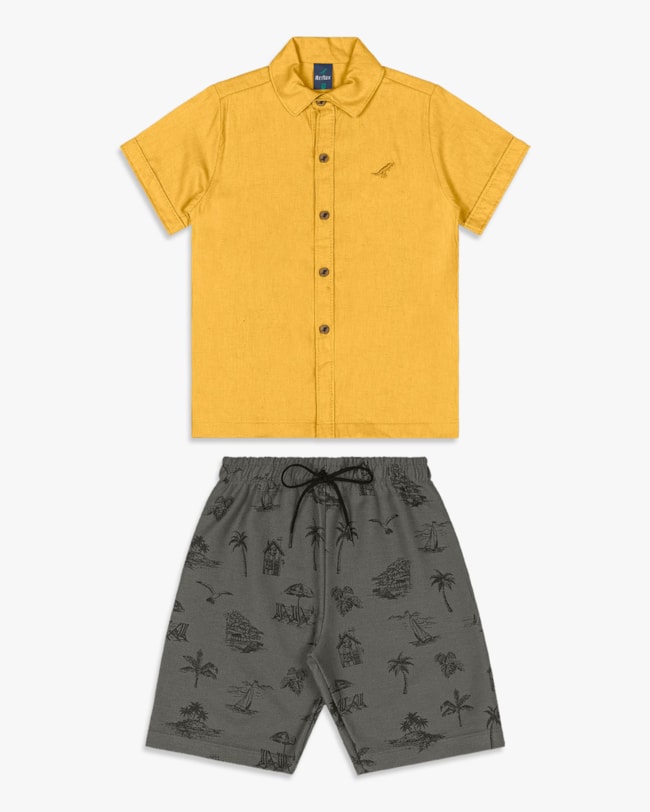 Conjunto Infantil Menino Camisa e Bermuda Estampada - ReiRex - Mostarda-4-e13c9c14-fd78-418c-b0c4-e8c232e4e080
