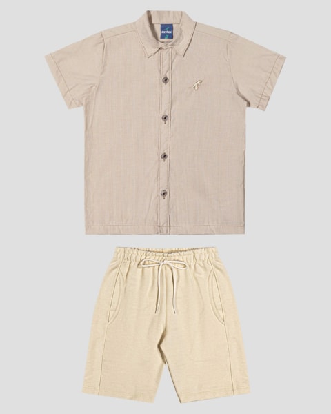 Conjunto Infantil Menino Camisa e Bermuda ReiRex Bege