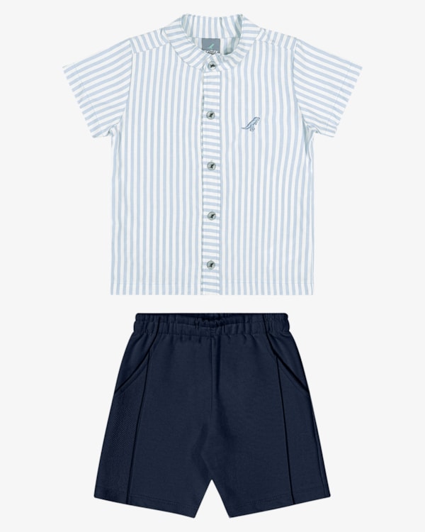 Conjunto Infantil Menino Camisa em Tricoline e Bermuda - ReiRex - Azul