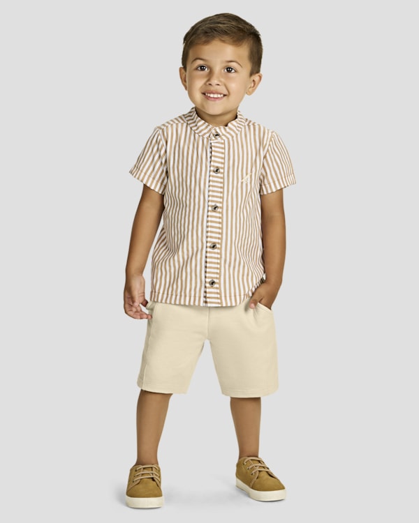 Conjunto Infantil Menino Camisa em Tricoline e Bermuda - ReiRex - Nude