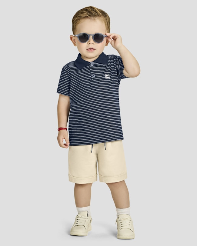 Conjunto Infantil Menino Camisa Polo Listrada e Bermuda - ReiRex - Oxford-760bc9fa-b068-4388-87b4-2e463022d9b4