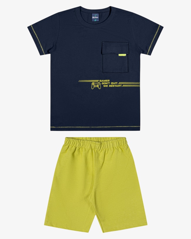 Conjunto Infantil Menino Camiseta com Bolso e Bermuda - ReiRex - Oxford-95b76b8a-25ff-41ee-894c-5390d62a9045