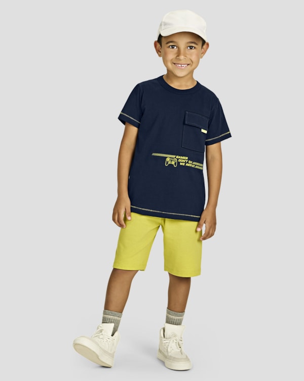 Conjunto Infantil Menino Camiseta com Bolso e Bermuda - ReiRex - Oxford