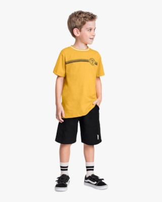 Conjunto Infantil Menino Camiseta com Estampa e Bermuda - ReiRex - Mostarda