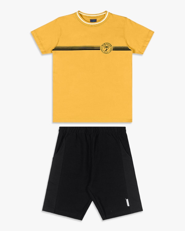 Conjunto Infantil Menino Camiseta com Estampa e Bermuda - ReiRex - Mostarda