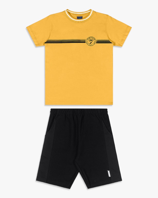 Conjunto Infantil Menino Camiseta com Estampa e Bermuda - ReiRex - Mostarda-bfa15ff7-10f7-4054-b802-95bcc9776918