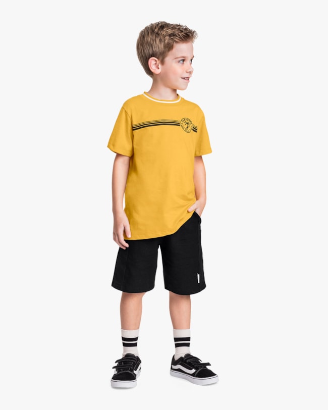 Conjunto Infantil Menino Camiseta com Estampa e Bermuda - ReiRex - Mostarda-afc10fe0-1f0d-4b64-a7d2-1c5b4fb60613