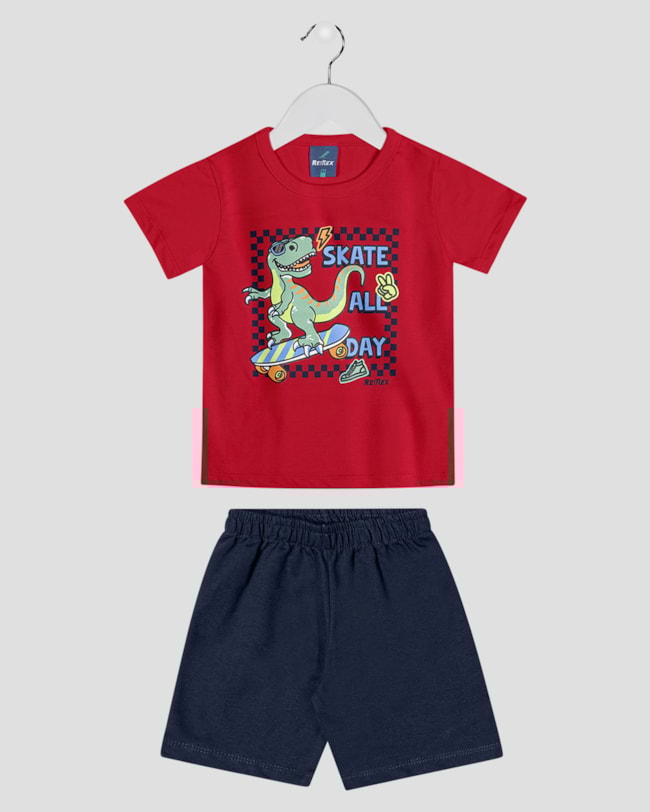 Conjunto Infantil Menino Camiseta Dino e Bermuda - ReiRex - Tomato-dd8036db-3768-4752-86fb-25d3a8336b5e