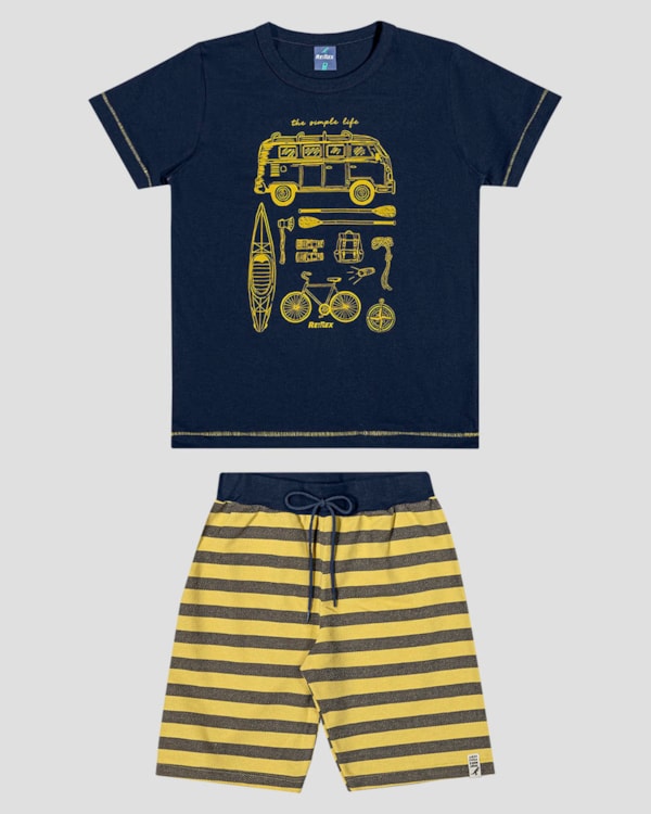 Conjunto Infantil Menino Camiseta e Bermuda Listrada ReiRex Azul