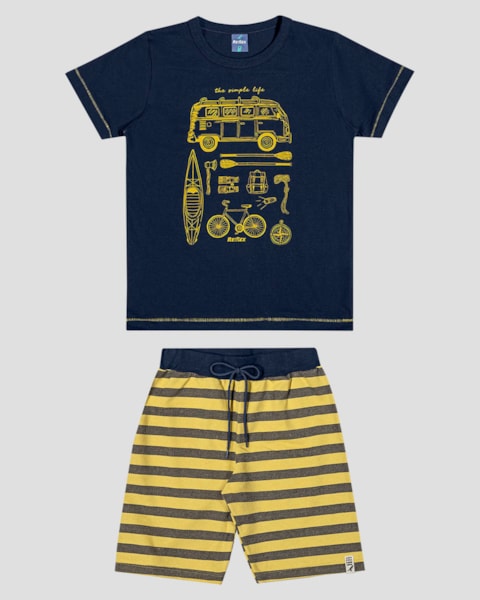 Conjunto Infantil Menino Camiseta e Bermuda Listrada ReiRex Azul