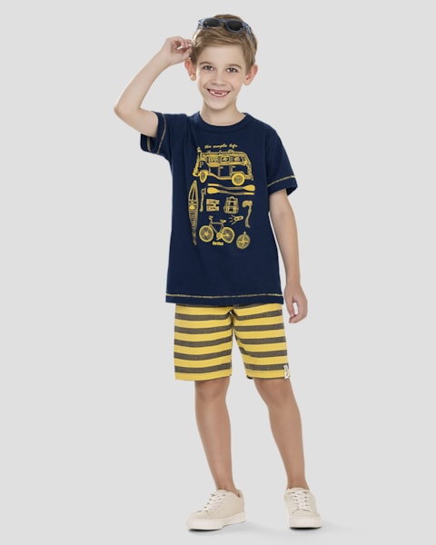 Conjunto Infantil Menino Camiseta e Bermuda Listrada ReiRex Azul