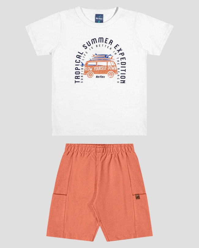 Conjunto Infantil Menino Camiseta e Bermuda ReiRex Branco-547dda57-27e0-4e5d-bc39-12135c962daa