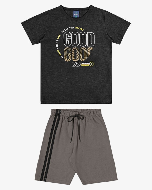 Conjunto Infantil Menino Camiseta Estampa Frontal e Bermuda - ReiRex - Preto