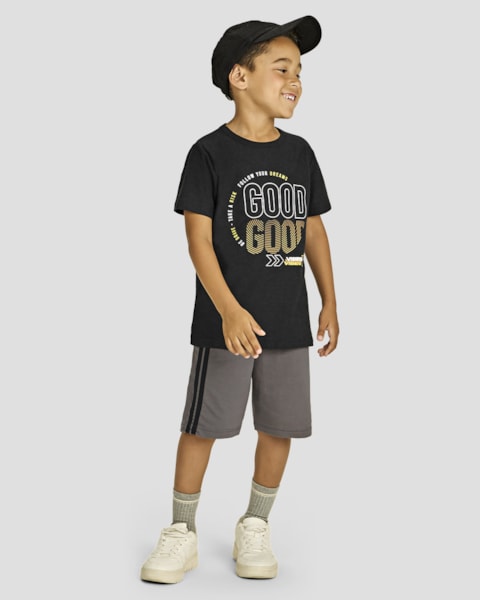 Conjunto Infantil Menino Camiseta Estampa Frontal e Bermuda - ReiRex - Preto